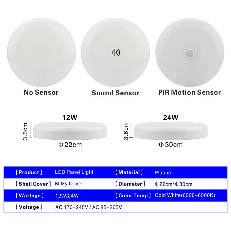 LED Ceiling Light 12W 24W PIR Motion Sensor Modern Lamp Surface Mounted Auto Smart Sounds Control AC 220V round Panel Light