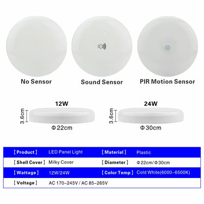 LED Ceiling Light 12W 24W PIR Motion Sensor Modern Lamp Surface Mounted Auto Smart Sounds Control AC 220V round Panel Light